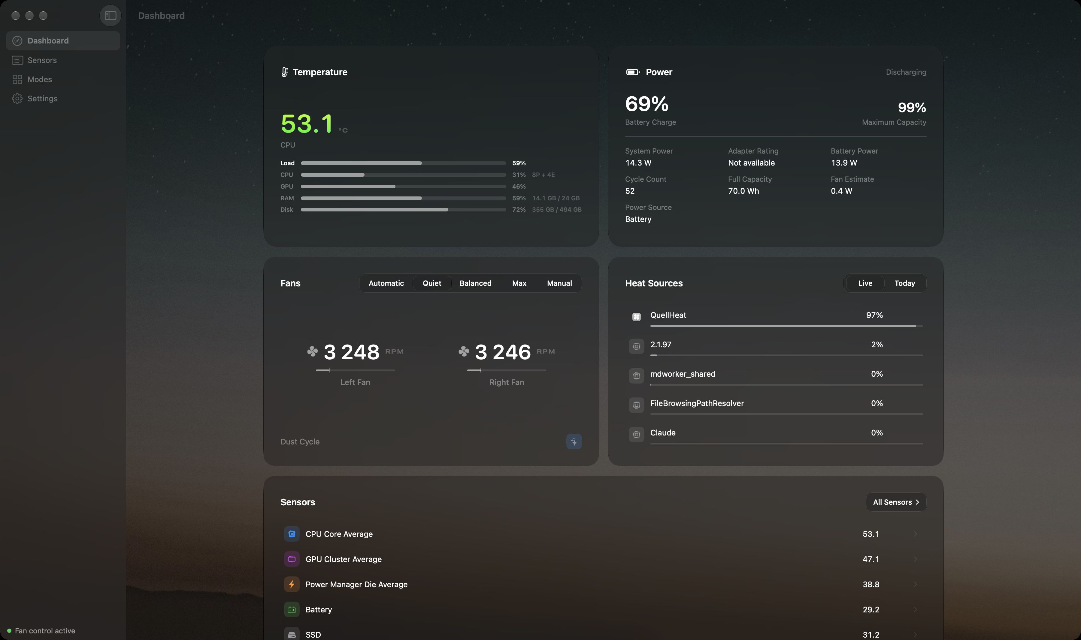 The QuellHeat dashboard on the Desert Dusk backdrop: a large live temperature with CPU, GPU, memory and disk utilisation beneath it, a Power card with battery and wattage detail, fan controls with live RPM per fan, heat sources by process, and a sensor list, all on clear glass cards.