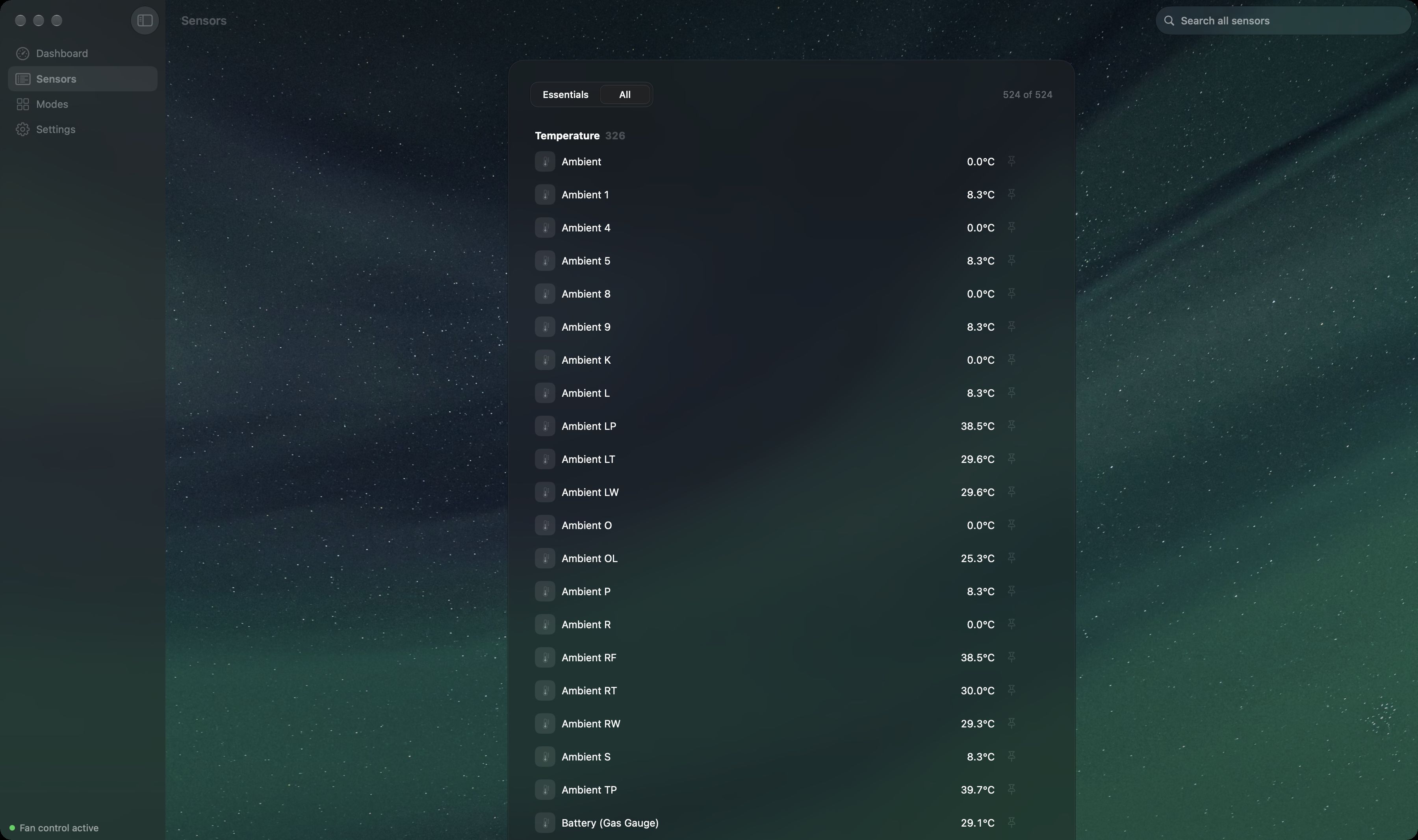 The Sensors view on the Aurora backdrop: a readable list of thermal sensors with live temperatures, searchable and pinnable.